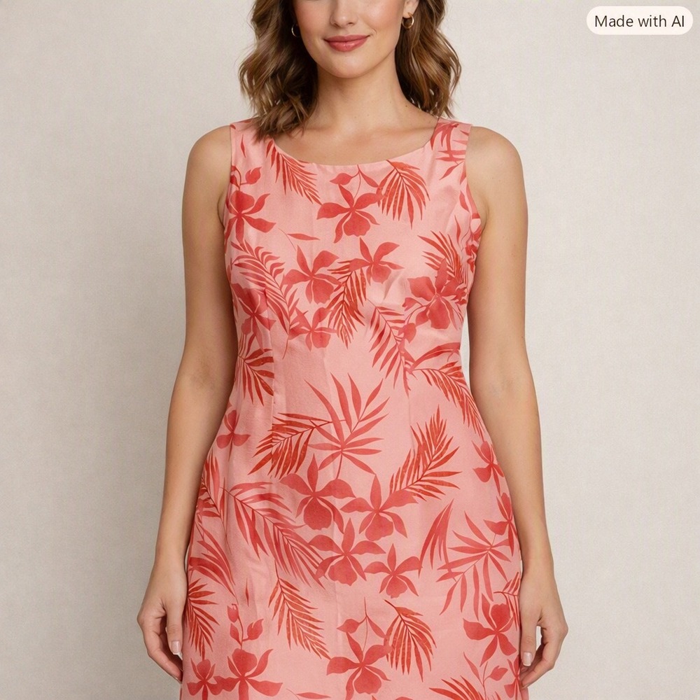 Vintage Robbie Bee 100% Silk Dress M Pink Tropical Palm Floral Vacation Sheath